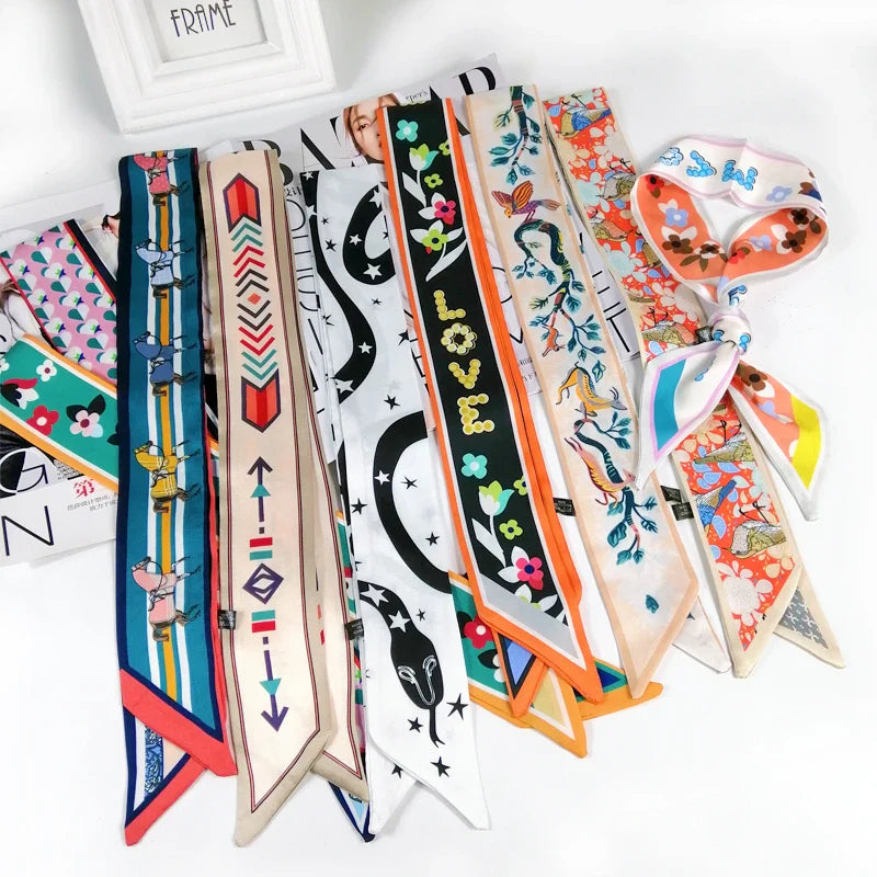 2025 Beautiful Print Luxury Bag Strap Scarf Women Silk Scarf Fashion Head Scarf Headwear Long Scarves Bag Accessories Ribbon