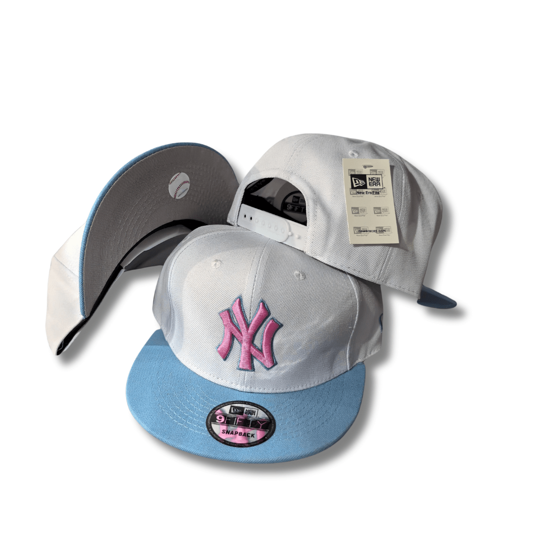 New York Yankees White and Light Blue with Pink Embroidered Logo Snapback Cap