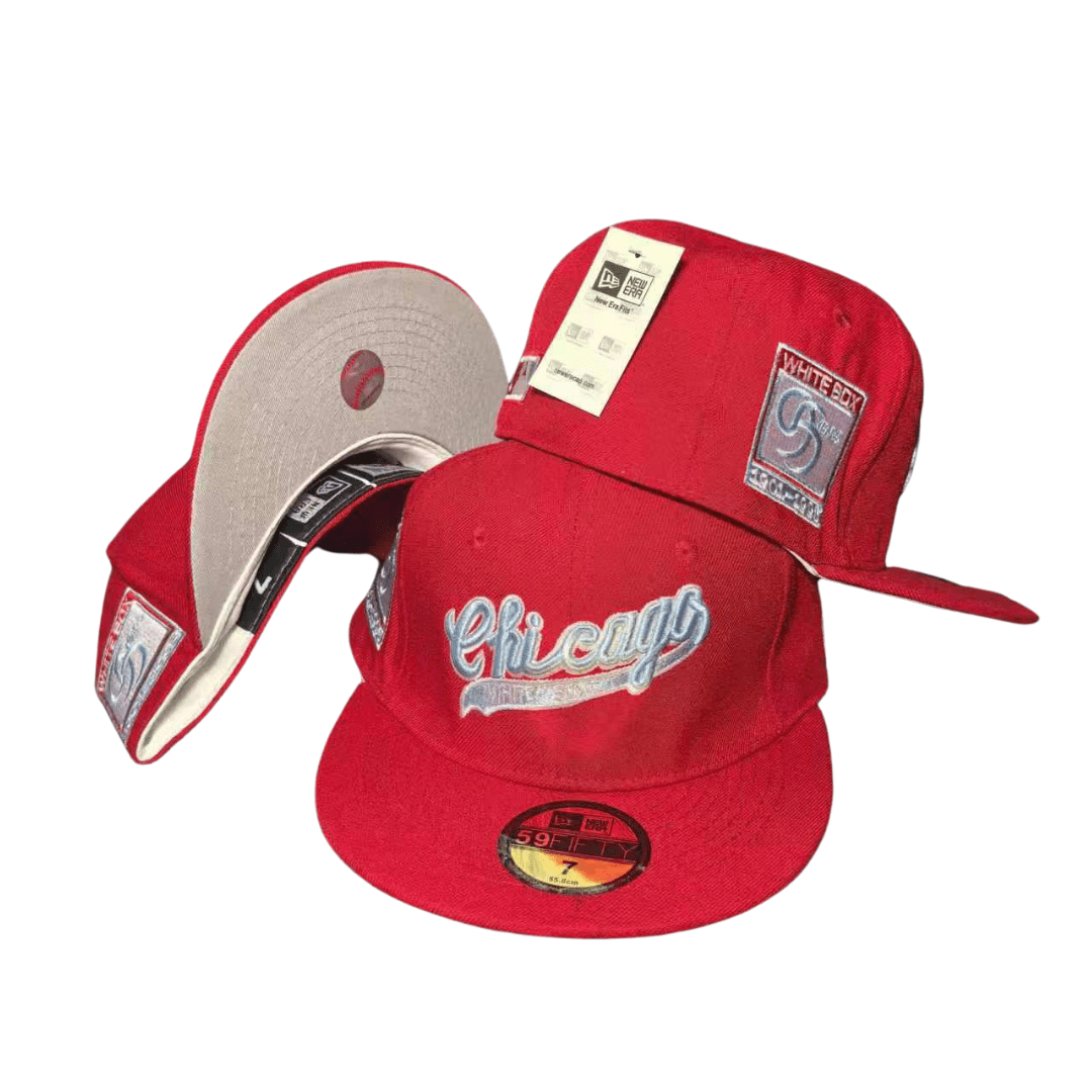 Chicago White Sox MLB Hat with Iridescent Script Logo and Red Crown - Fitted