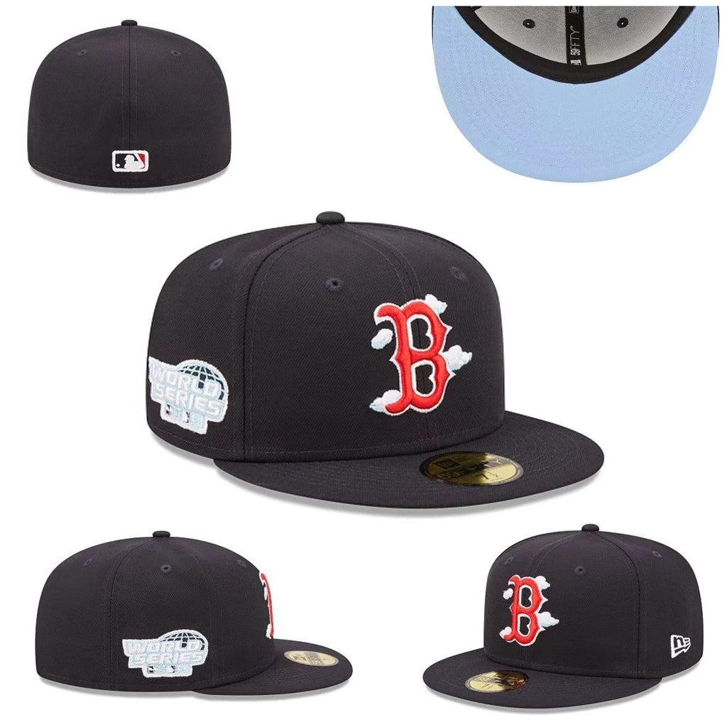 Boston Red Sox World Series Fitted Hat with Light Blue Underbrim and Cloud Detailing - Black