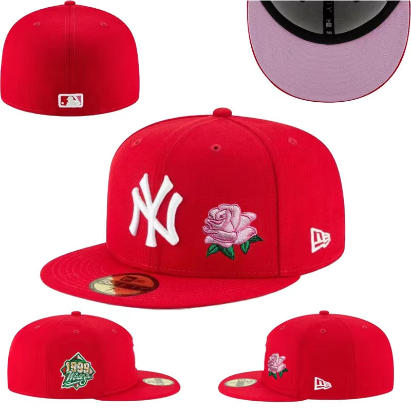 New York Yankees 1999 World Series Fitted Hat with Pink Rose Embroidery and Lavender Underbrim - Red