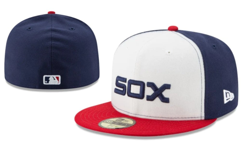 Chicago White Sox Fitted MLB Hat with Retro Design and Red Brim - Navy and White