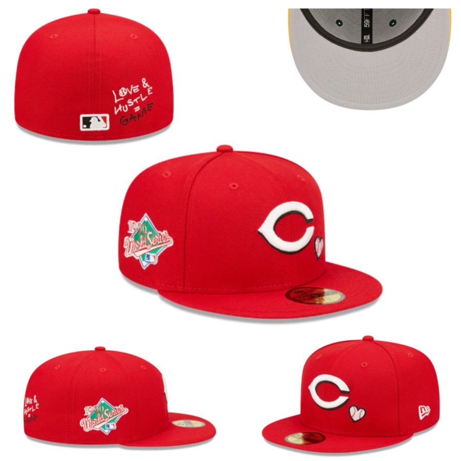 Cincinnati Reds "Love & Hustle" Red Fitted Hat with World Series Patch