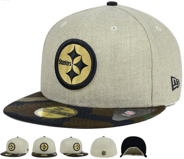 Pittsburgh Steelers Fitted Hat with Gold Logo and Camouflage Brim - Khaki and Camo