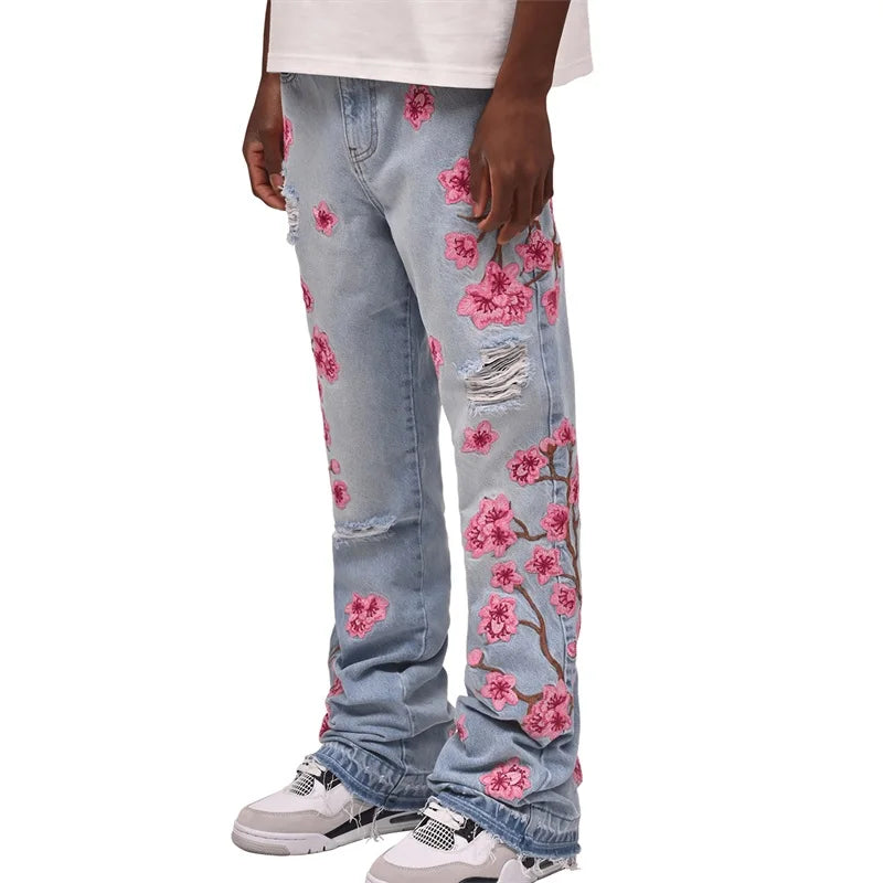 Men Fashion Denim Pants Jeans Floral Embroidery Ripped Jeans with Pockets Casual Trousers Vintage Streetwear