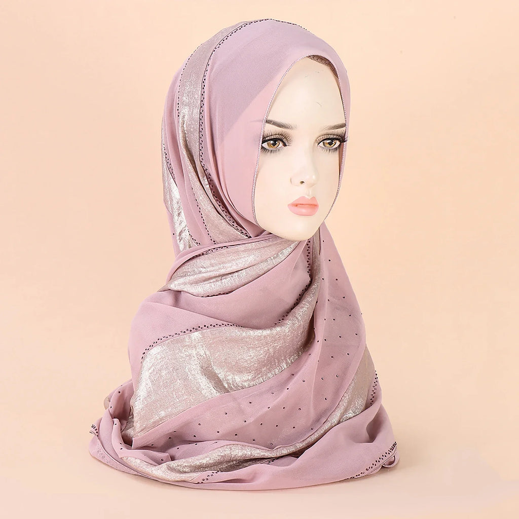 Middle Eastern New Gold Craft Fabric Splice Chiffon Handmade Diamond Decoration Versatile Muslim Women's Headband Scarf Hijab