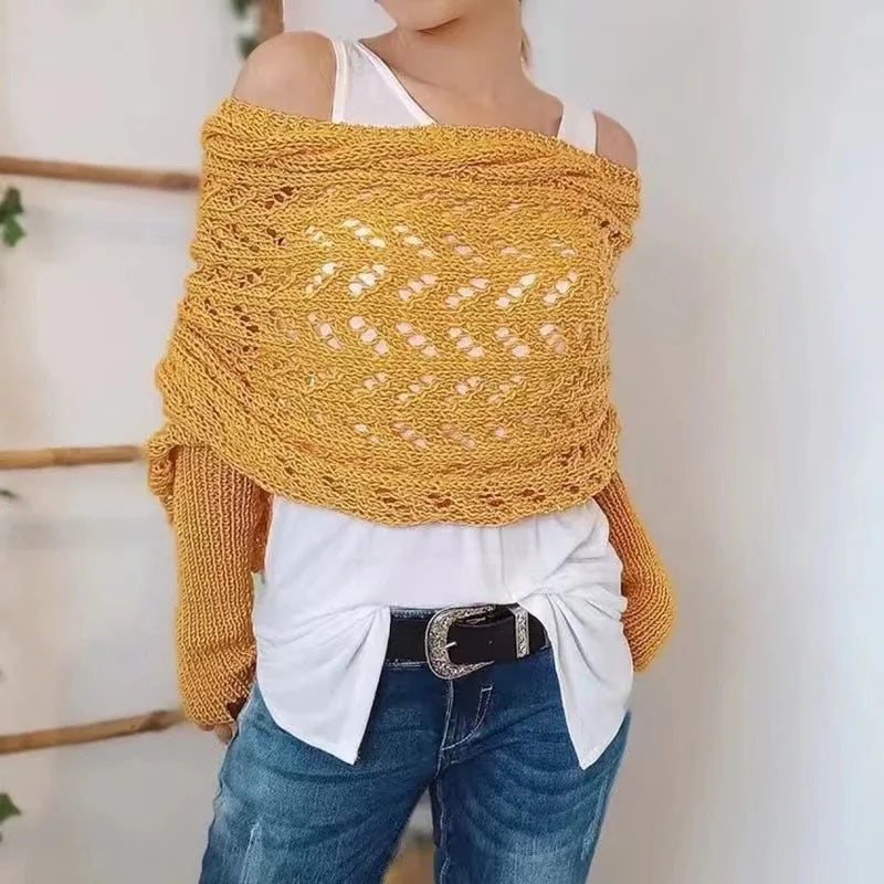 Autumn Winter Women's Knitted Shawl Scarf With Long Sleeve Outdoor Warm Soft Windproof Hollow Out Crop Top Shrugs Shawl Scarf