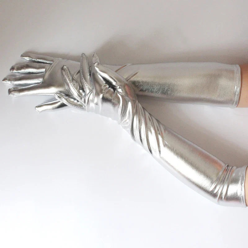 Unisex Gloves Sexy Etiquette Gloves Fake Leather Metallic Gloves Evening Party Performance Mittens Patent Leather Silver Gold