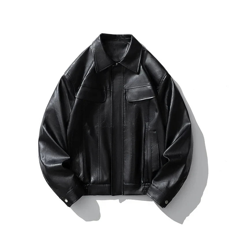 Men's Faux Leather Bomber Jacket Motorcycle Lapel Zip-Up Biker Coat Vintage Streetwear Black Brown Jacket