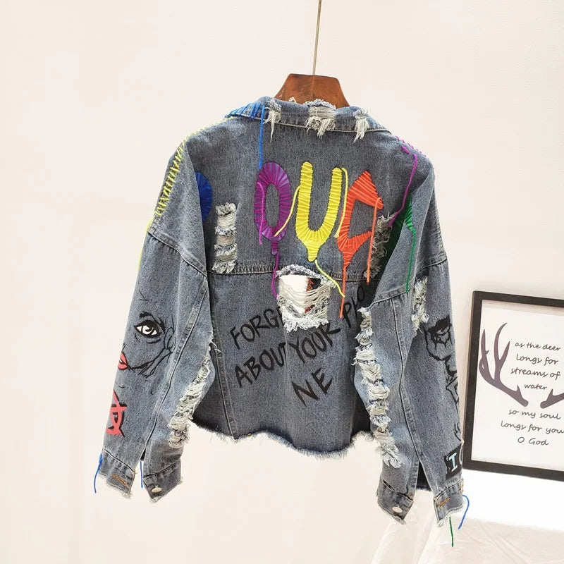 2025 Spring Autumn Women Street Fashion Graffiti Denim Jacket Female Short Frayed Raw Cut Rivet Jacket Fringe Jean Coat Outwear