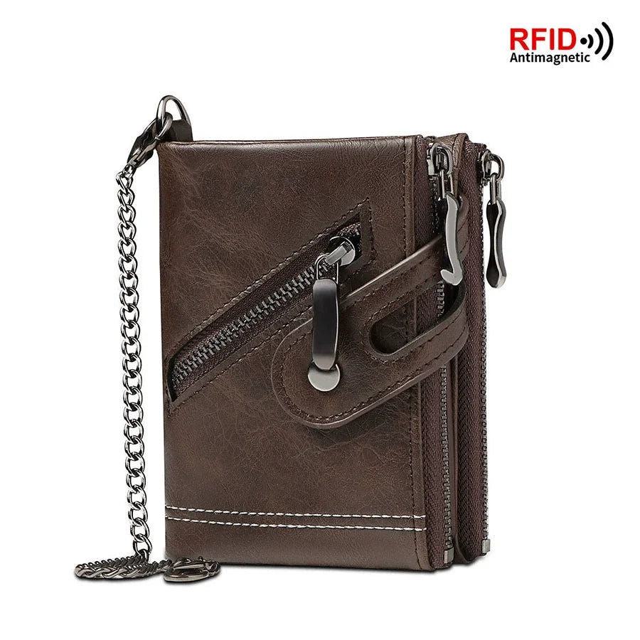 Classic Retro Men's Chain Wallet RFID Anti-Theft Men's Leather Wallet Double Zipper Coin Purse Credit Card Holder for Men