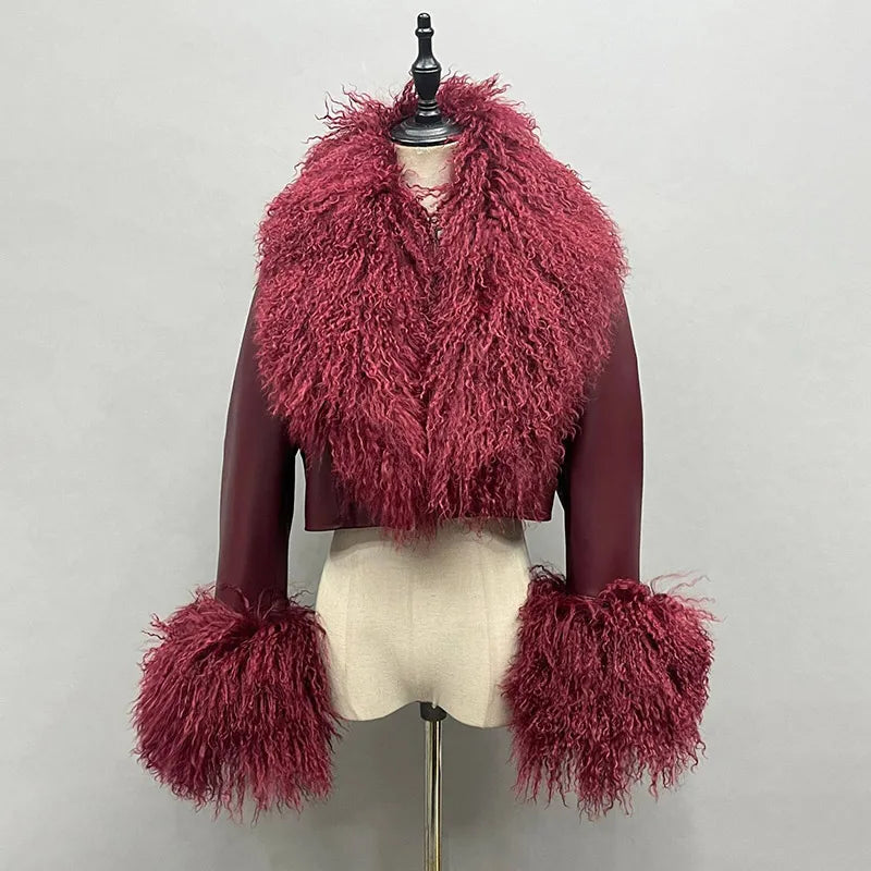 2025A Women's Genuine Leather Jacket Ladies Sheepskin Leather Jacket With Real Lamb Fur Collar Cuff FG40732