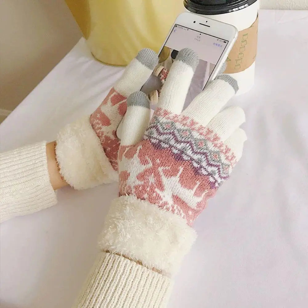 2024 New Elks Jacquard Gloves Touch Screen Knitted Gloves Winter Thick Keep Warm Gloves Christmas Mittens Full Finger Gloves