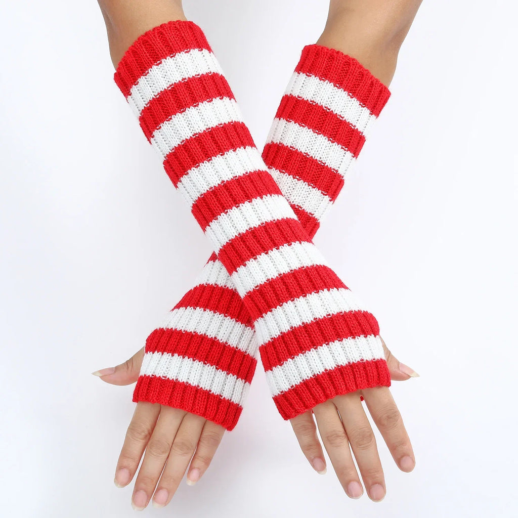 30cm Women's Fashionable Striped Fingerless Mittens Girls Long Knit Gloves for Warmth Winter Glove