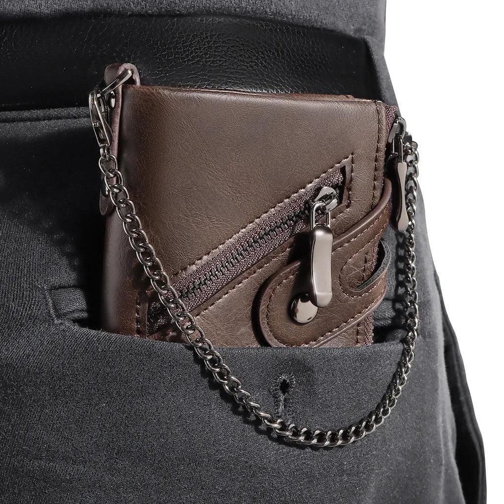 Classic Retro Men's Chain Wallet RFID Anti-Theft Men's Leather Wallet Double Zipper Coin Purse Credit Card Holder for Men