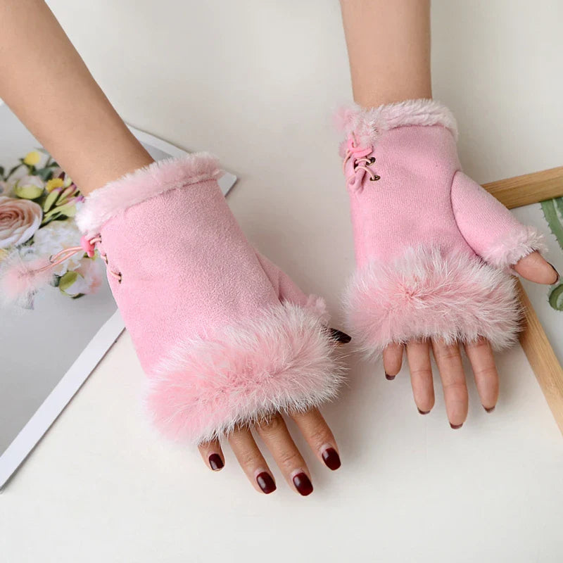 Artificial Rabbit Hair Wrist Gloves Women Suede Leather Warm Thick Gloves Female Fingerless Computer Typing Mittens Winter