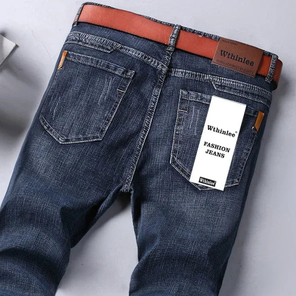 2024  Straight Regular Blue Stretch Denim Trousers Spring Autumn Men Classic Jeans Business Fashion Men's Smart Jeans