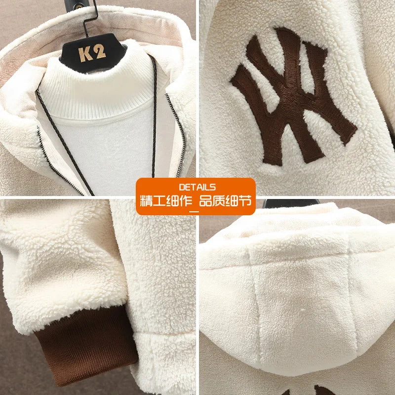 Top Grade Lamb Velvet Men's Jacket Casual Hooded Zipper Coats Fashion Warm Wool Jackets New Male Winter Thick Designer Clothing