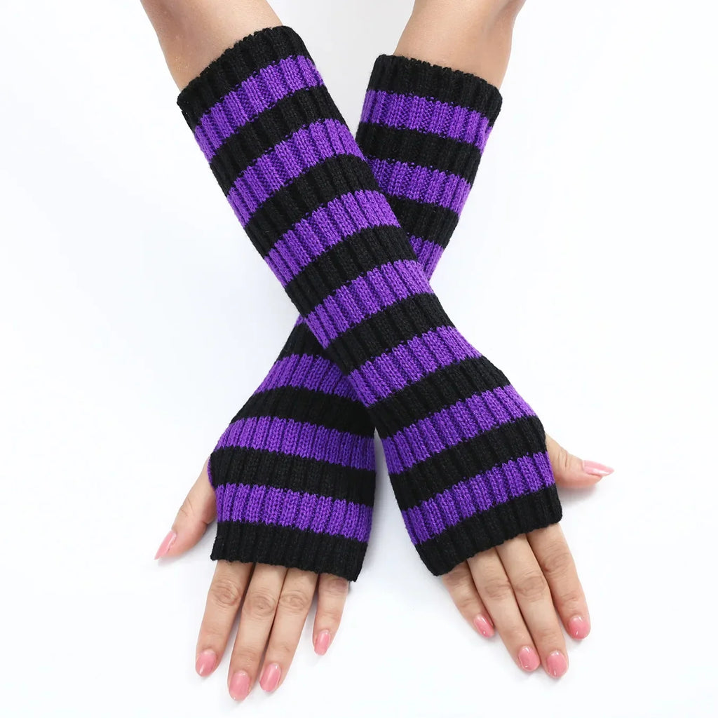 30cm Women's Fashionable Striped Fingerless Mittens Girls Long Knit Gloves for Warmth Winter Glove