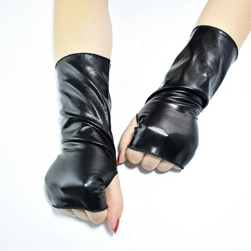 Unisex Gloves Sexy Etiquette Gloves Fake Leather Metallic Gloves Evening Party Performance Mittens Patent Leather Silver Gold