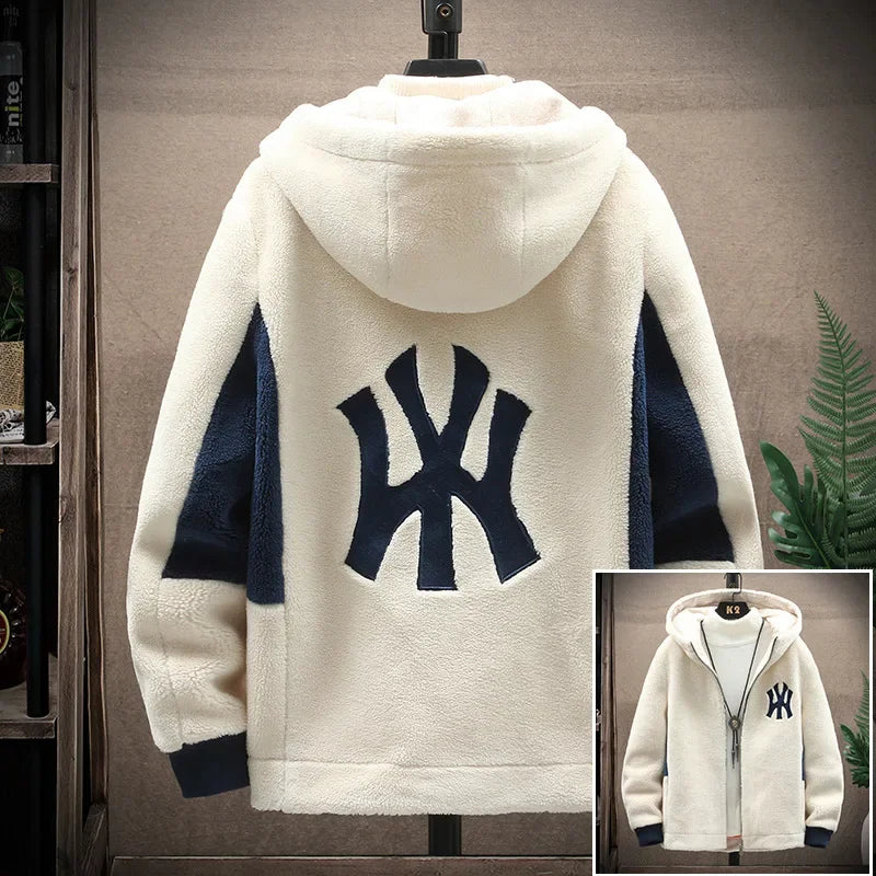 Top Grade Lamb Velvet Men's Jacket Casual Hooded Zipper Coats Fashion Warm Wool Jackets New Male Winter Thick Designer Clothing