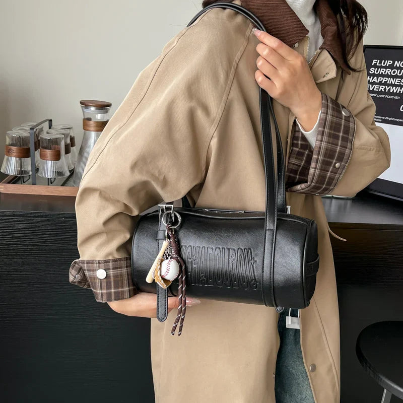 Multifunctional Cylinder Shaped Shoulder Bags For Women 2024 Winter Latest Designer Handbags Luxury Cross Body Bag With Pendant