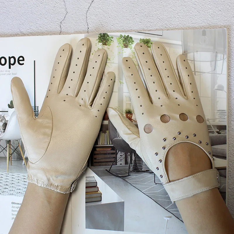Goatskin Driving Driver Leather Gloves Women's Thin Outdoor Motorcycle Riding Fashion Hollow Rivet Spring Summer