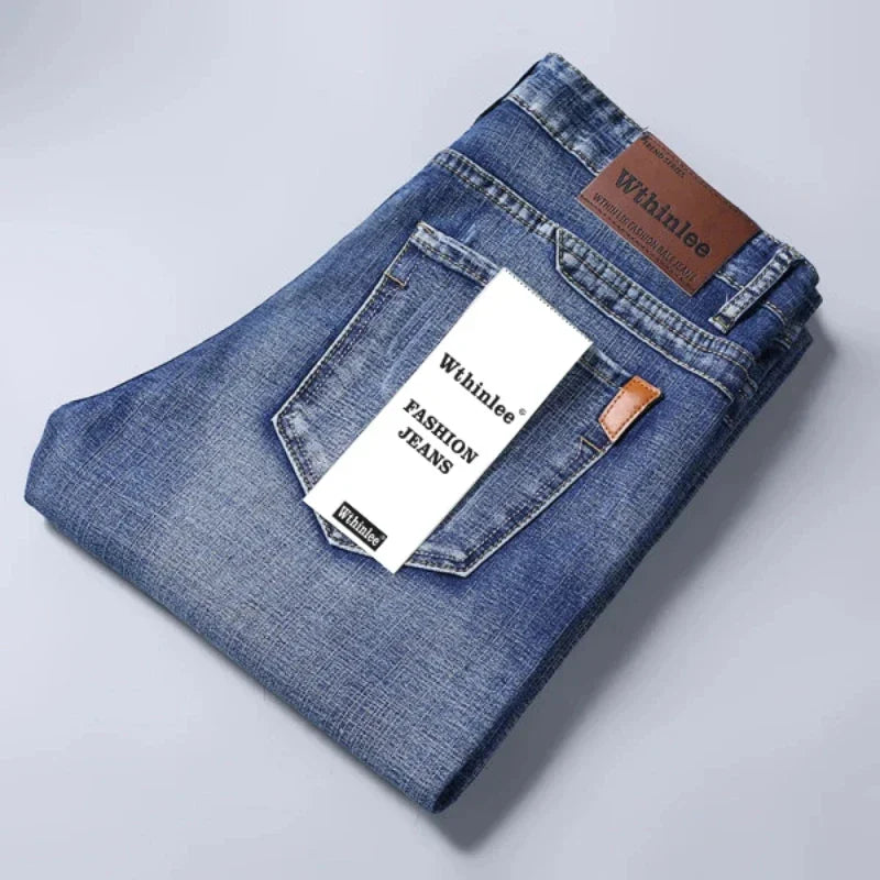2024  Straight Regular Blue Stretch Denim Trousers Spring Autumn Men Classic Jeans Business Fashion Men's Smart Jeans