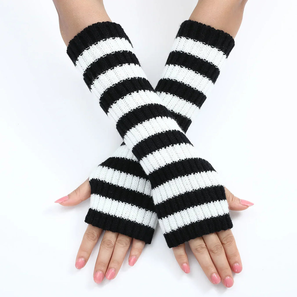 30cm Women's Fashionable Striped Fingerless Mittens Girls Long Knit Gloves for Warmth Winter Glove