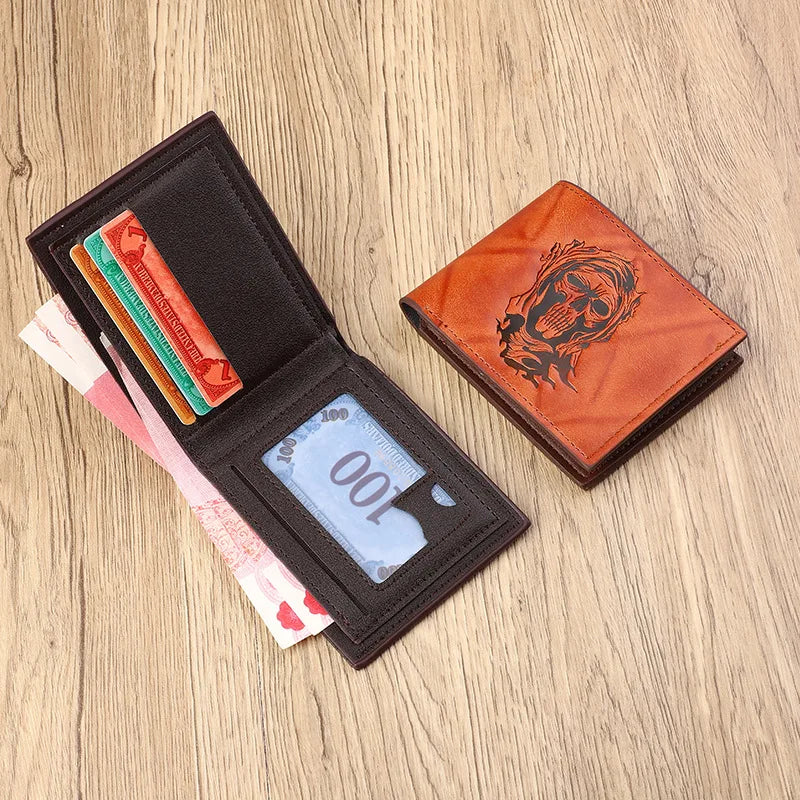 Manufacturer's new retro small wallet with embossed skull head short men's wallet portable fashionable cheap cash handbag
