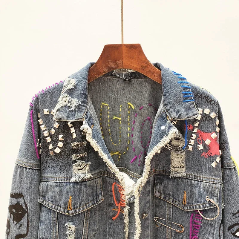 2025 Spring Autumn Women Street Fashion Graffiti Denim Jacket Female Short Frayed Raw Cut Rivet Jacket Fringe Jean Coat Outwear