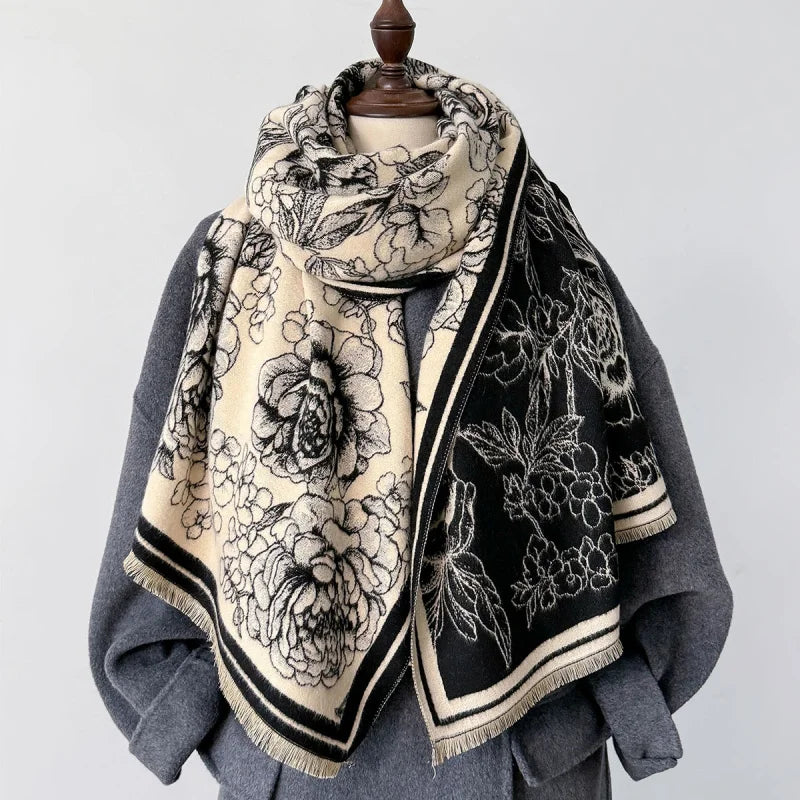 Spring Keep Warm Soft Wraps Advanced Sense Elegant Coat Outer Wear Shawl Fashion Scarf Peony Flower Long Adult Women's Scarf