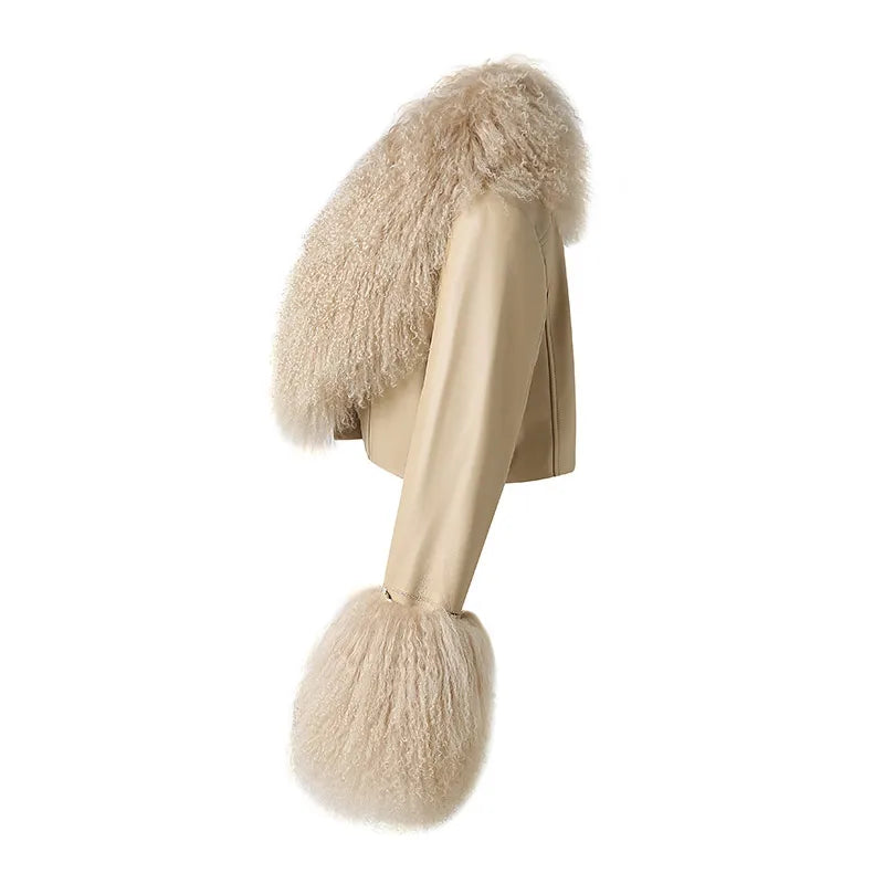 2025A Women's Genuine Leather Jacket Ladies Sheepskin Leather Jacket With Real Lamb Fur Collar Cuff FG40732