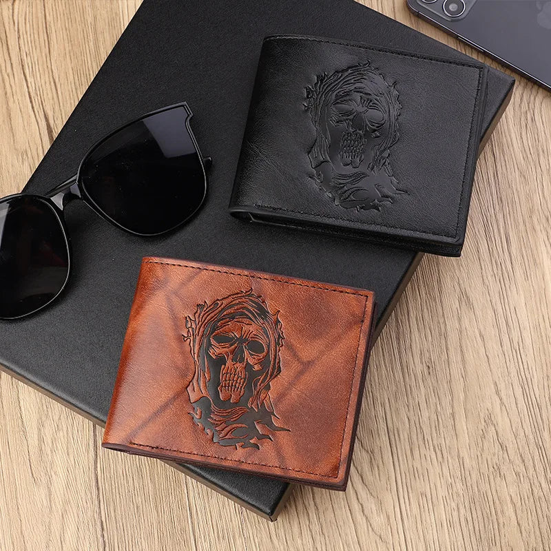 Manufacturer's new retro small wallet with embossed skull head short men's wallet portable fashionable cheap cash handbag