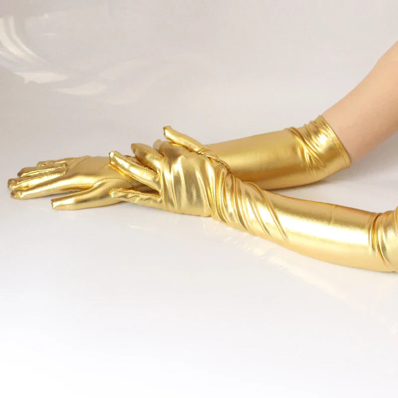 Unisex Gloves Sexy Etiquette Gloves Fake Leather Metallic Gloves Evening Party Performance Mittens Patent Leather Silver Gold