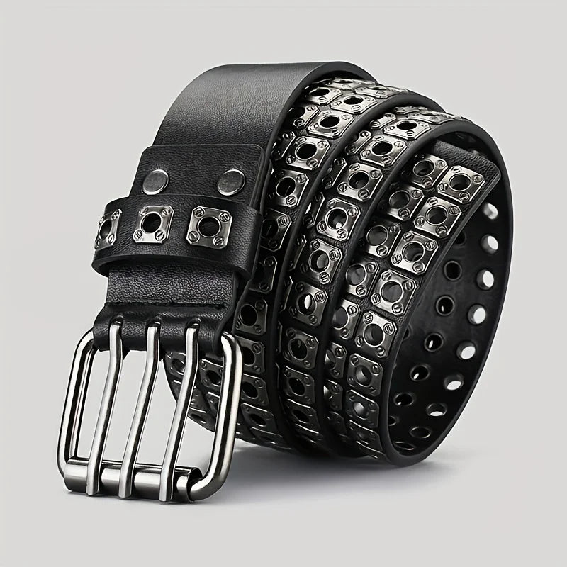 Retro Square Rivet Men'S Belt With Double Row Needle Buckle Women'S Belt Hip-Hop Rock Punk Y2k Style Jeans Men'S And Women'SBelt
