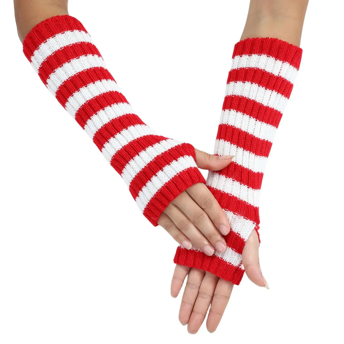 30cm Women's Fashionable Striped Fingerless Mittens Girls Long Knit Gloves for Warmth Winter Glove