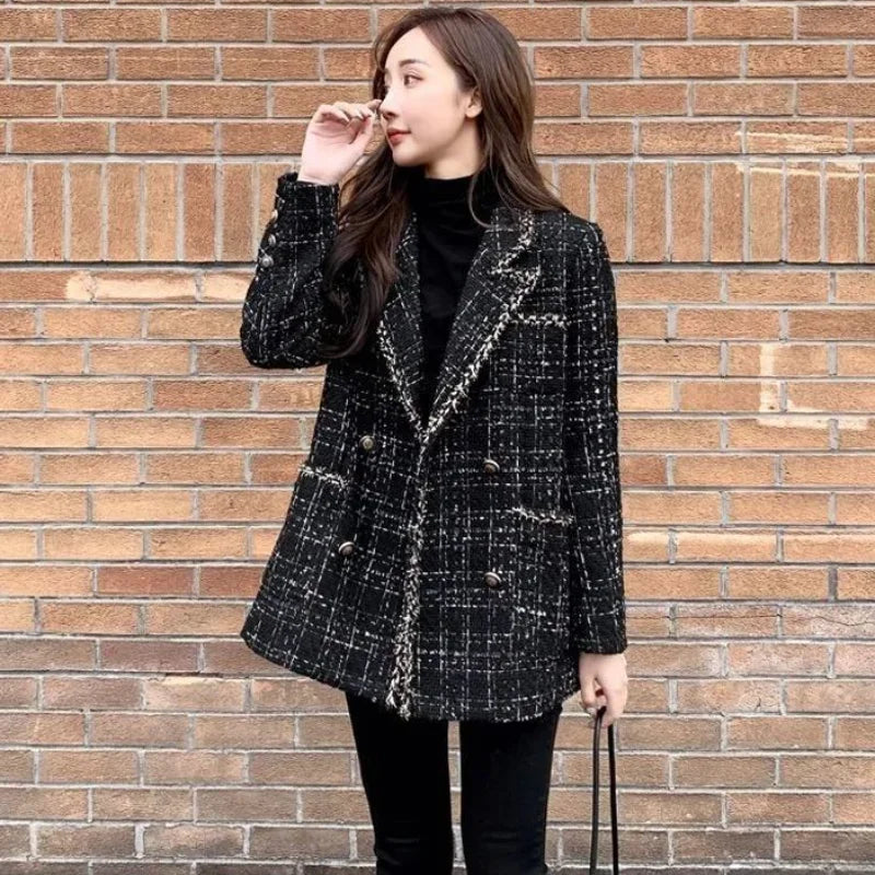 Plaid Tweed Blazer Jacket Woman Outerwear Winter Women's Coat 2024 Clothing Vintage Luxury Designer Clothes Fashion Coats Heavy