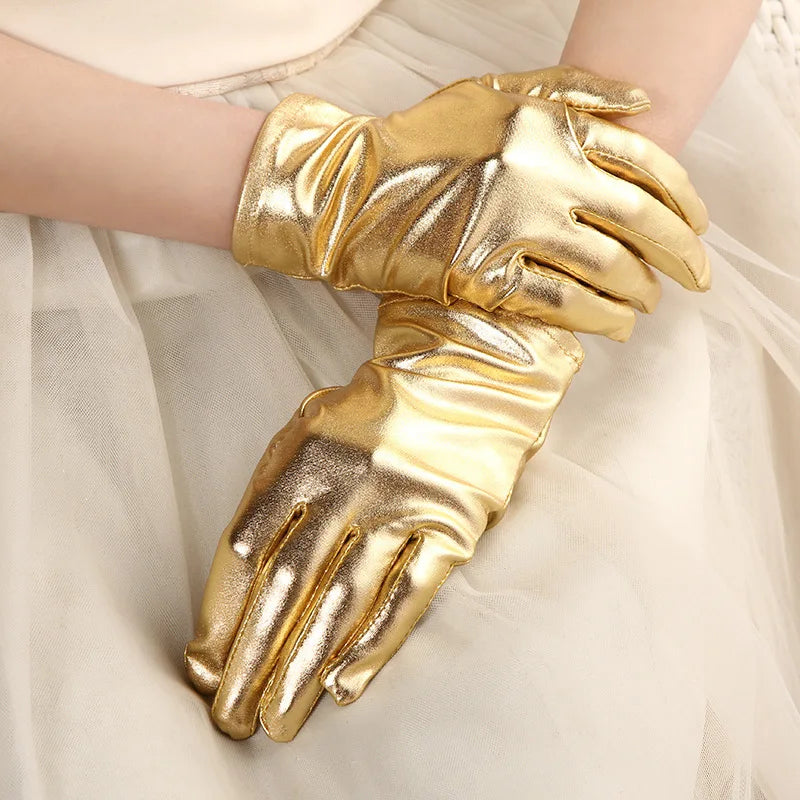 Unisex Gloves Sexy Etiquette Gloves Fake Leather Metallic Gloves Evening Party Performance Mittens Patent Leather Silver Gold
