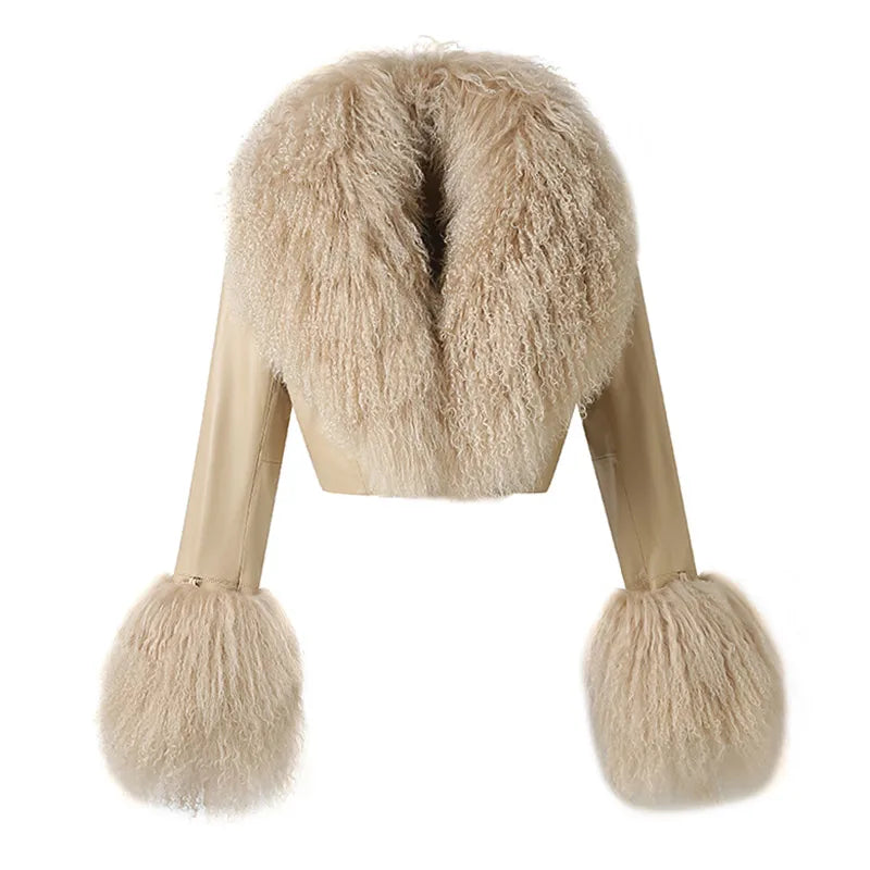2025A Women's Genuine Leather Jacket Ladies Sheepskin Leather Jacket With Real Lamb Fur Collar Cuff FG40732