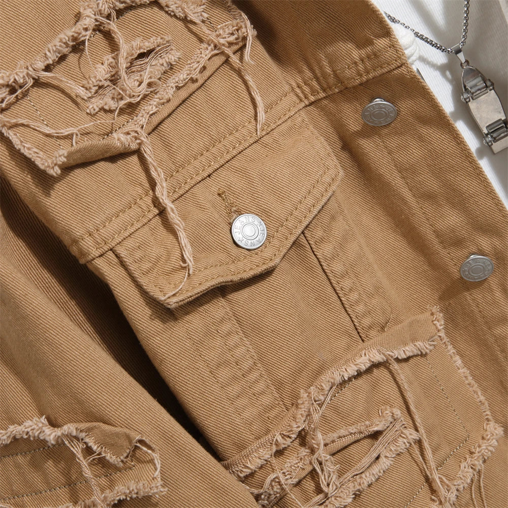 Men Stylish Vintage Hiphop Street Style Splicing Patch Slim Denim Jacket  Male Distressed Solid Motorcycle Denim Jacket Coat