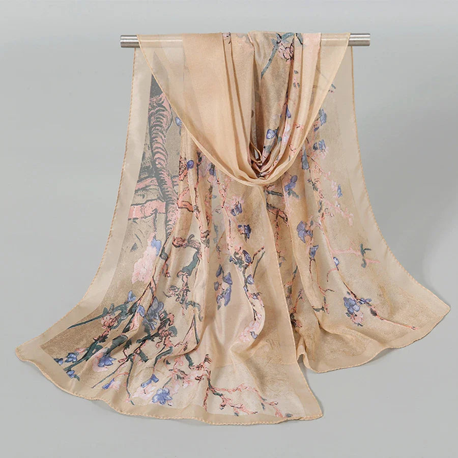 Plum Blossom Pattern Simulation Silk Scarf Women's Chiffon Scarf Long Gauze Scarf Sunscreen Shoulder Bag Headscarf