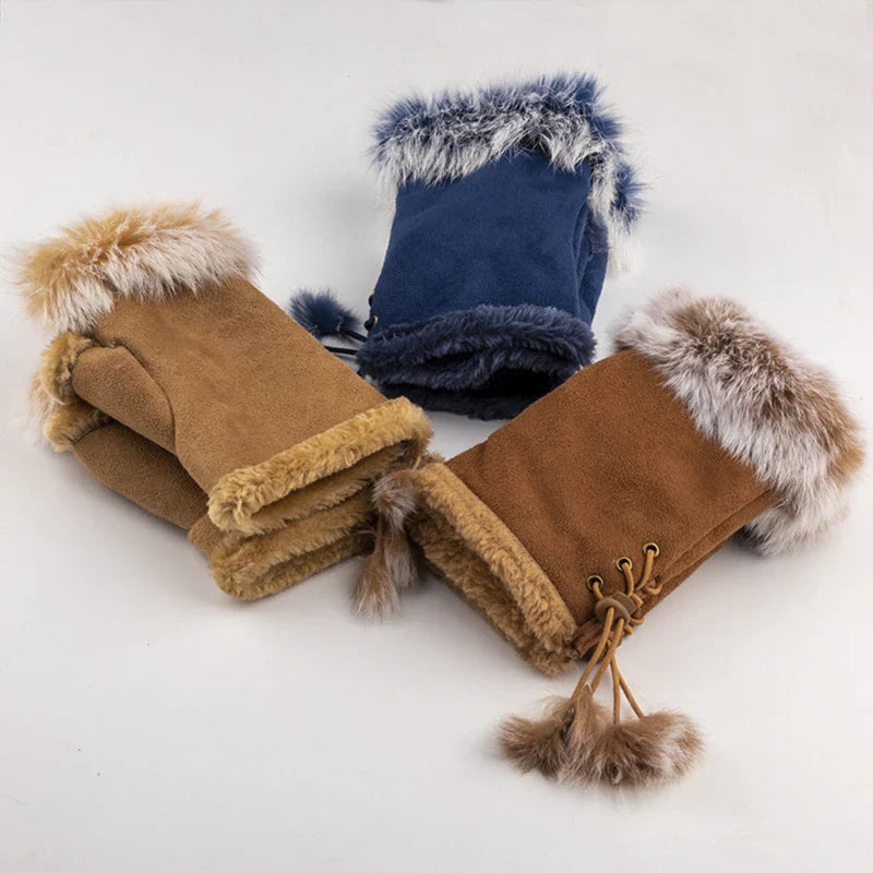 Artificial Rabbit Hair Wrist Gloves Women Suede Leather Warm Thick Gloves Female Fingerless Computer Typing Mittens Winter