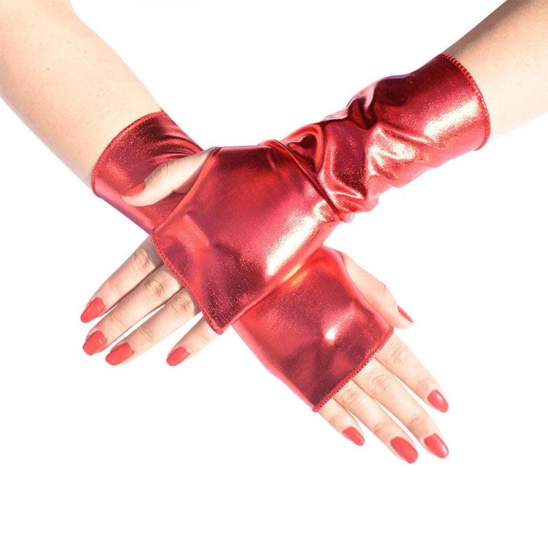 Unisex Gloves Sexy Etiquette Gloves Fake Leather Metallic Gloves Evening Party Performance Mittens Patent Leather Silver Gold