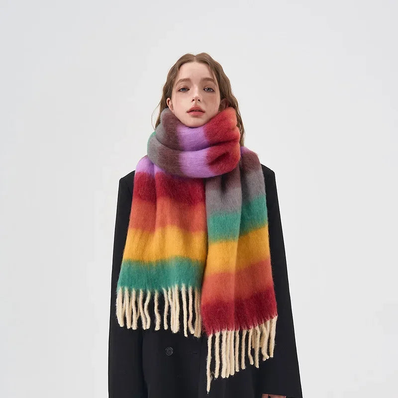 Colorful Striped Scarf with Tassels Mohair Cashmere Winter Thickened Ball Scarf Neckband Warm Rainbow Scarf Couples Accessories
