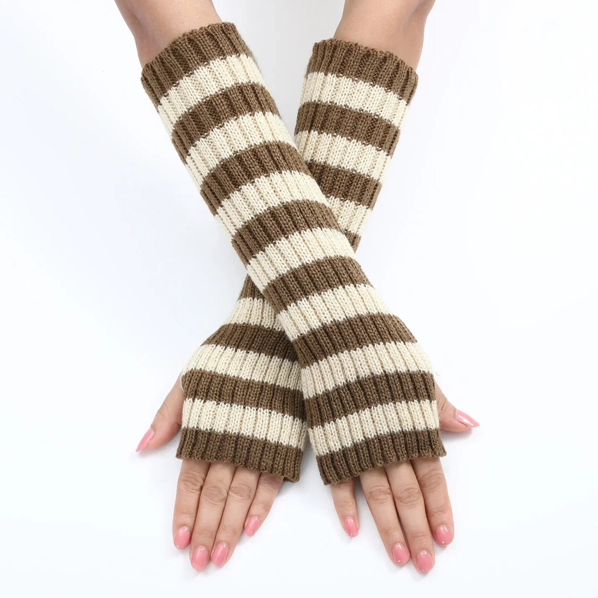 30cm Women's Fashionable Striped Fingerless Mittens Girls Long Knit Gloves for Warmth Winter Glove