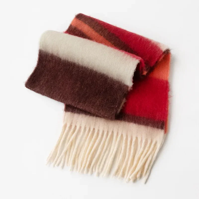 Colorful Striped Scarf with Tassels Mohair Cashmere Winter Thickened Ball Scarf Neckband Warm Rainbow Scarf Couples Accessories