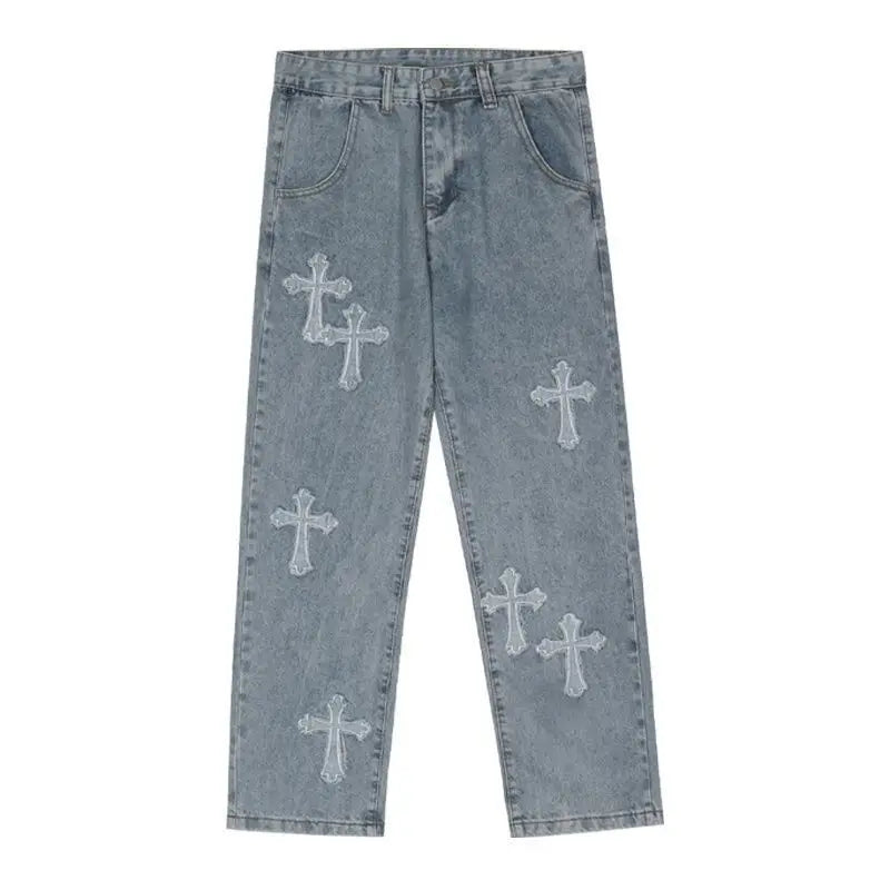 2025 new high street loose white cross jeans men's jeans Y2k loose pants loose cross design straight leg jeans men's