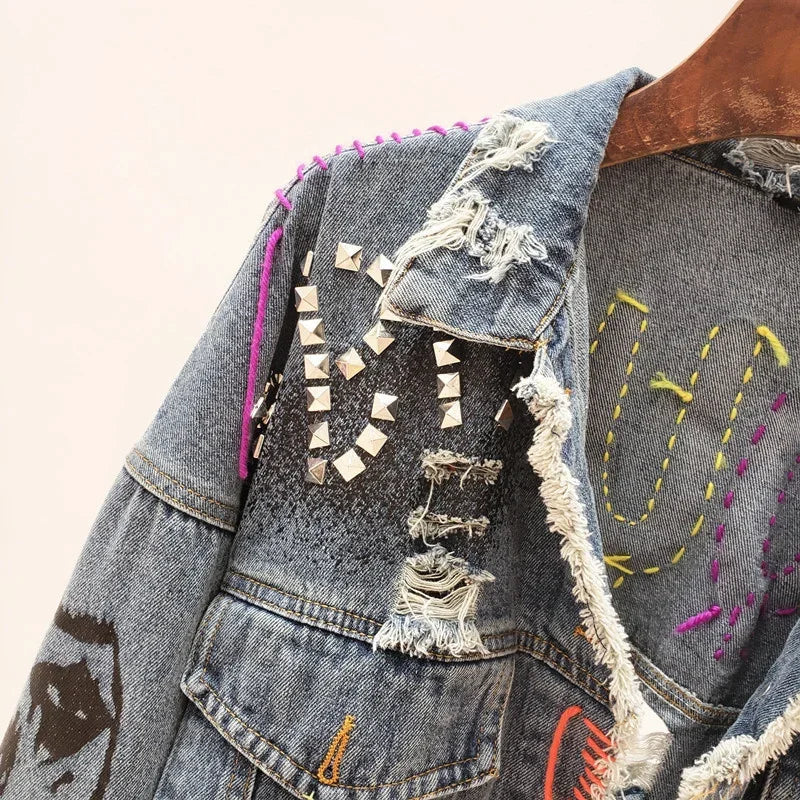 2025 Spring Autumn Women Street Fashion Graffiti Denim Jacket Female Short Frayed Raw Cut Rivet Jacket Fringe Jean Coat Outwear