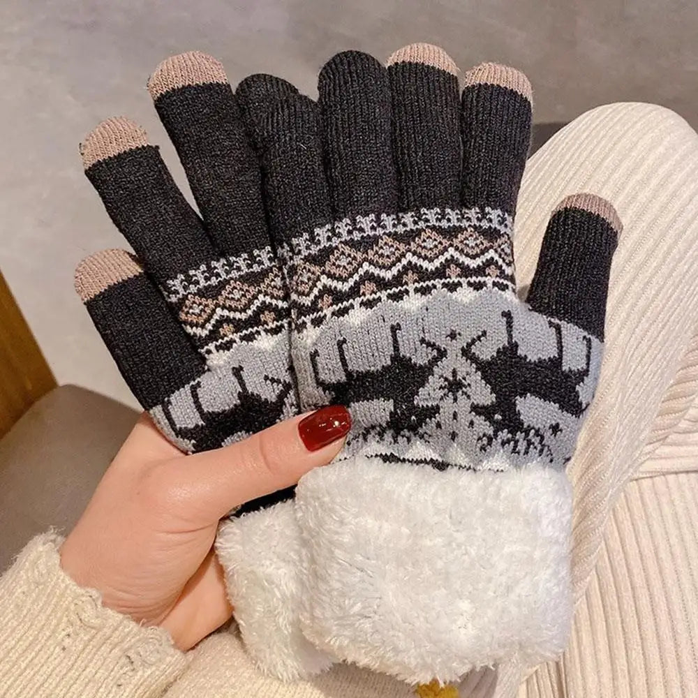 2024 New Elks Jacquard Gloves Touch Screen Knitted Gloves Winter Thick Keep Warm Gloves Christmas Mittens Full Finger Gloves